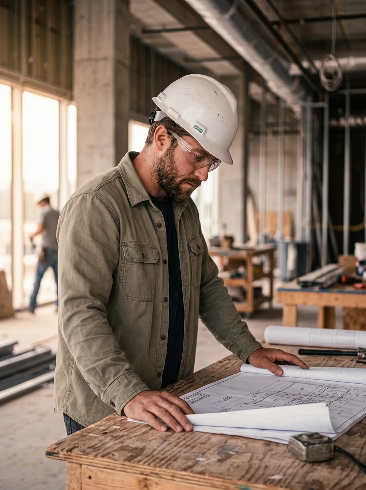 A general contractor in a hard hat and safety glasses reading drawings on a plywood table at the jobsite.