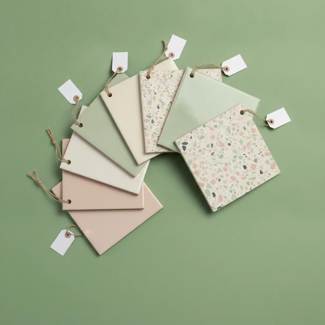 A fan of tile samples with blank paper tags on a green canvas.