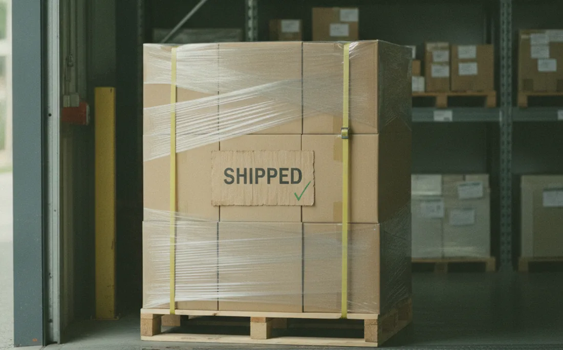 A stretch-wrapped pallet of cartons at a warehouse loading dock, labelled shipped.