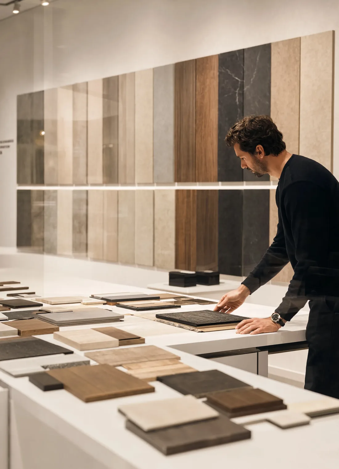 A buyer in a materials showroom weighs a dark oak sample against a wall of stone and timber panels.
