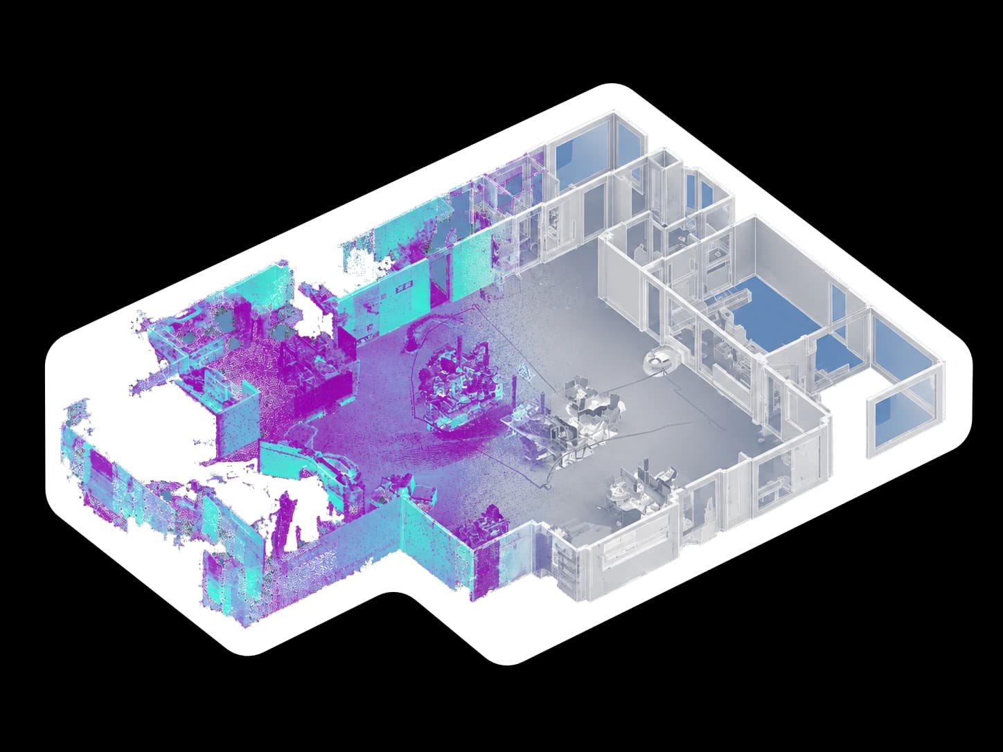 A site point cloud transitions into a BIM model.